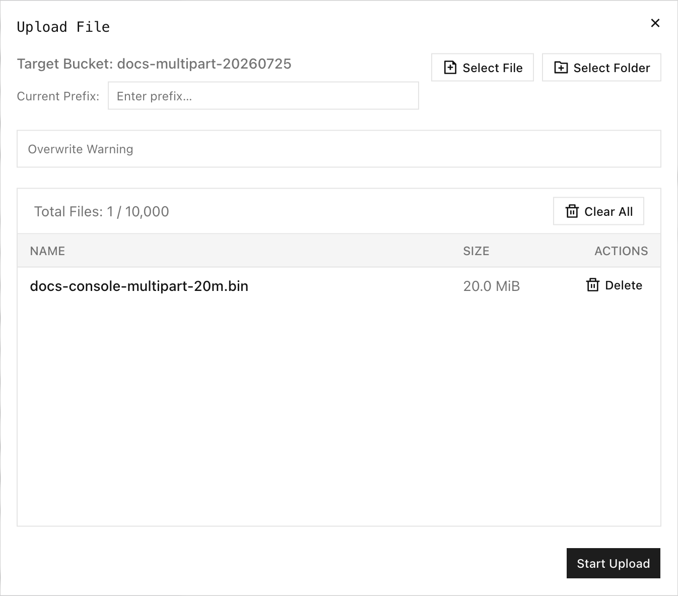 Upload-Dialog der Console mit einer ausgewählten großen Datei
