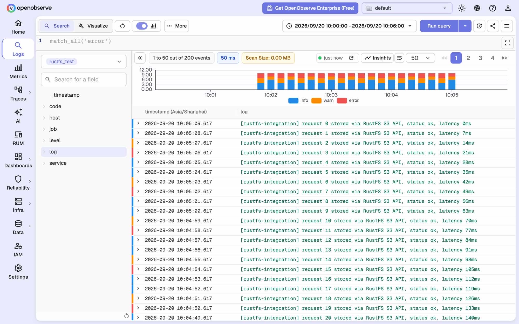 OpenObserve-Logsuche mit den erfassten Datensätzen