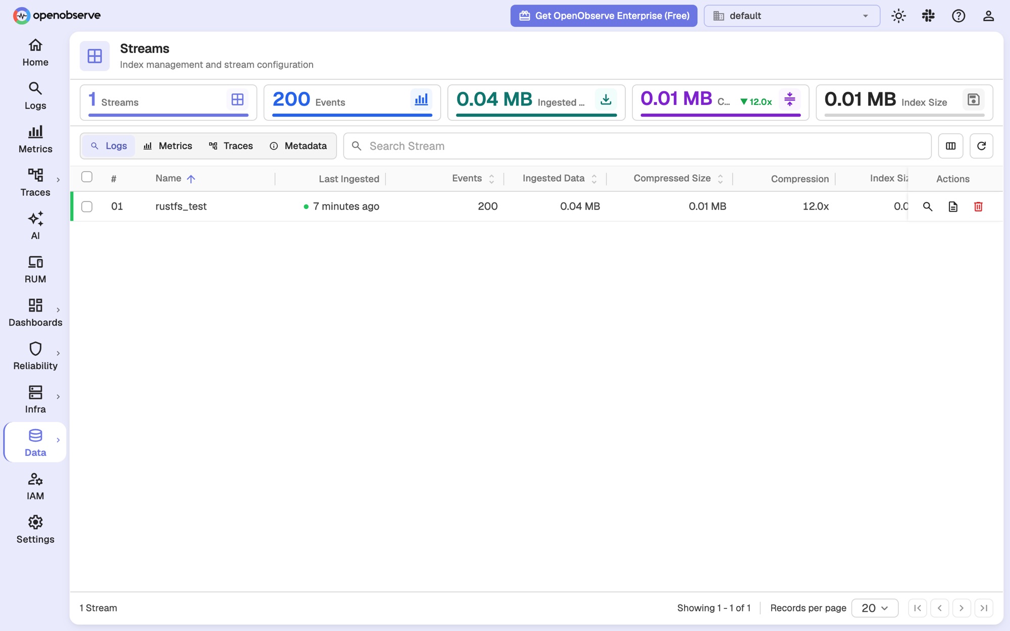 OpenObserve-Stream-Statistiken für den Stream rustfs_test