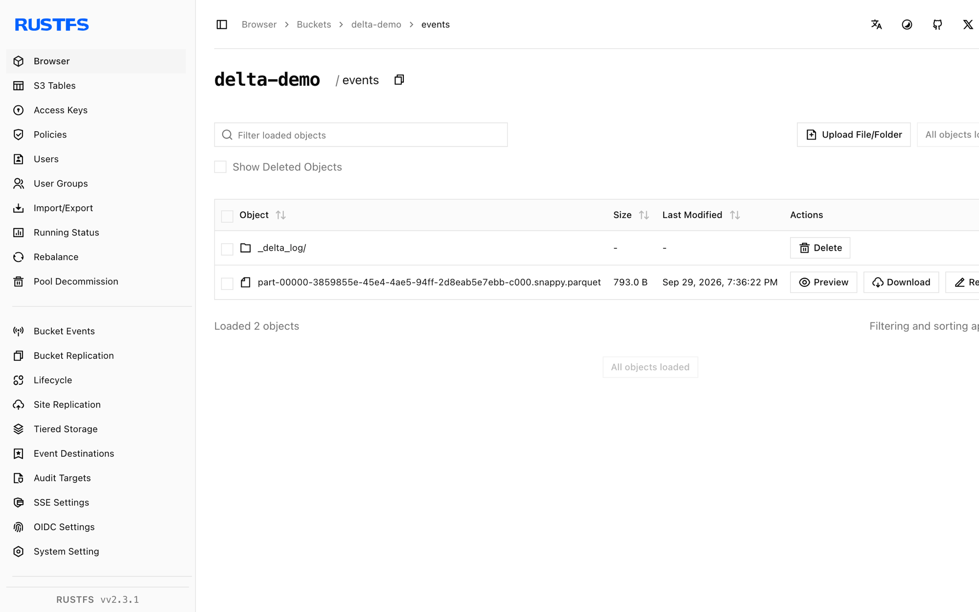 Delta table files stored in the RustFS Console