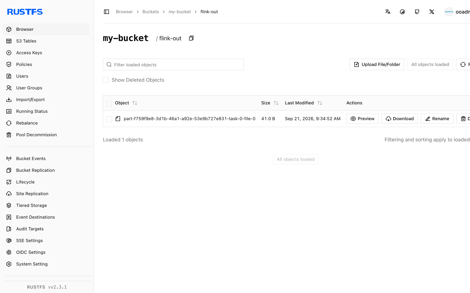 Le fichier de sortie Flink stocké dans la Console RustFS