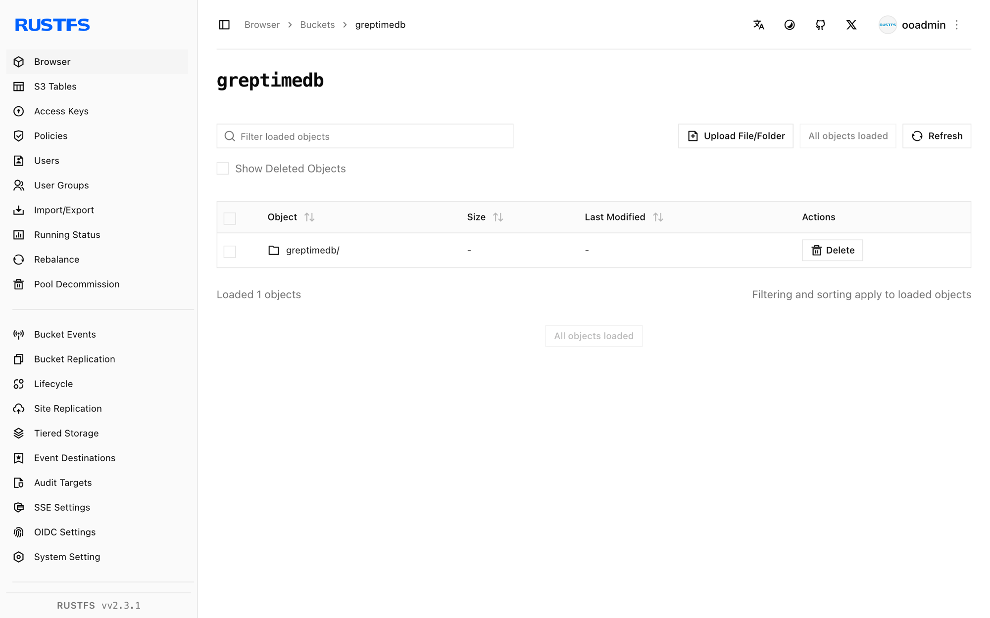 RustFS Console に保存された GreptimeDB のデータ