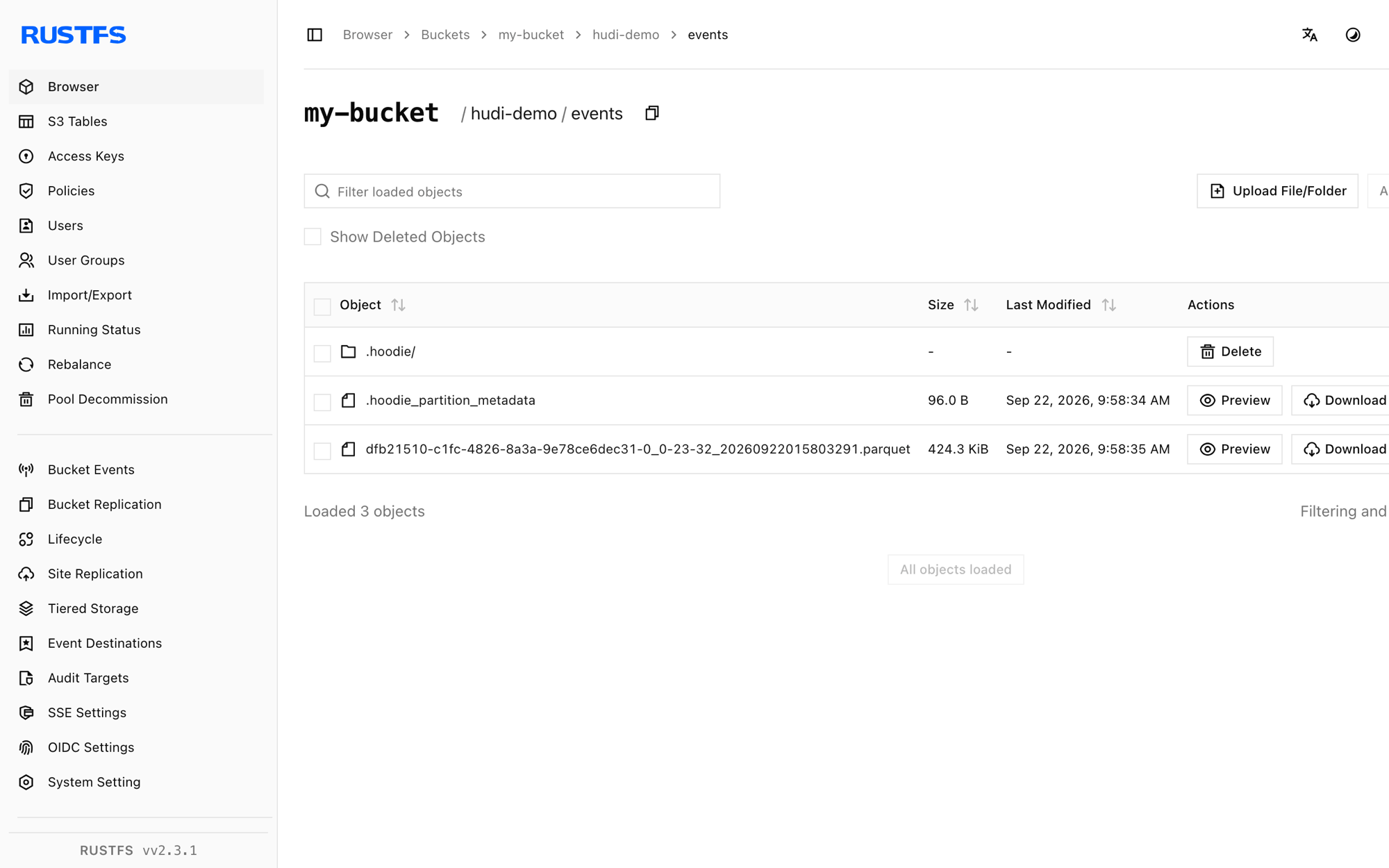 RustFS Console に保存された Hudi テーブルファイル