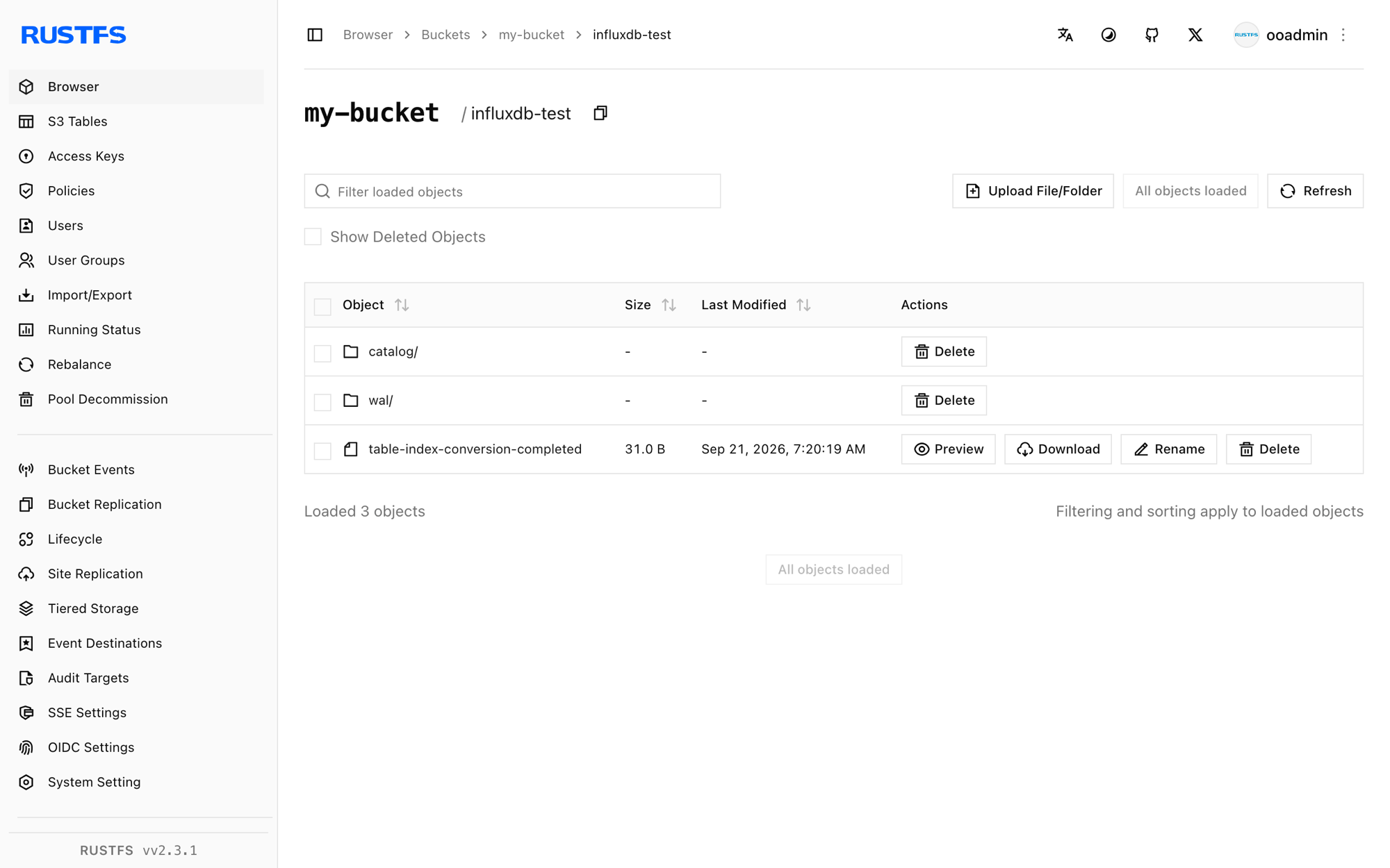 RustFS コンソールに保存された InfluxDB のノードプレフィックス