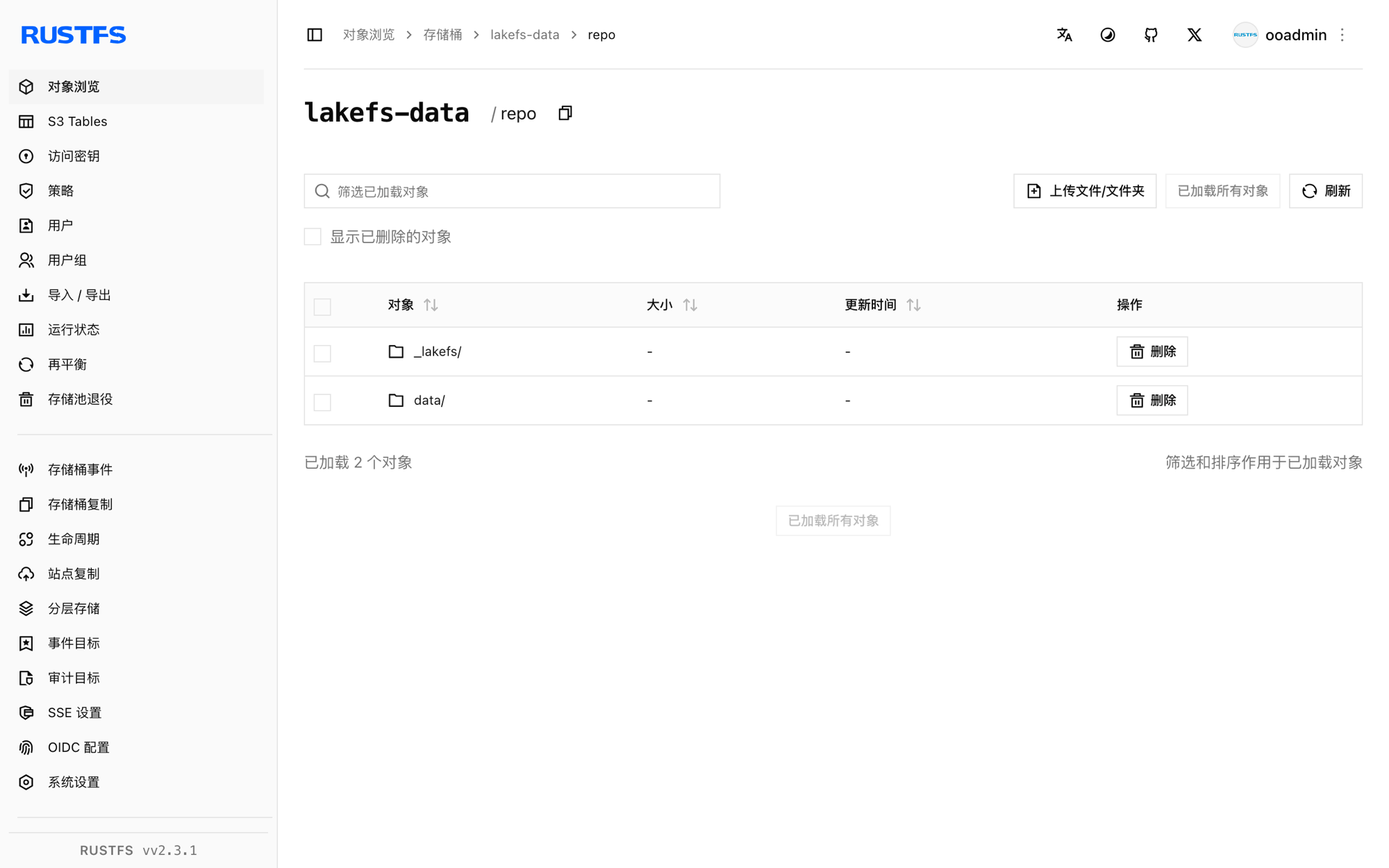 RustFS 控制台中存储的 lakeFS 对象