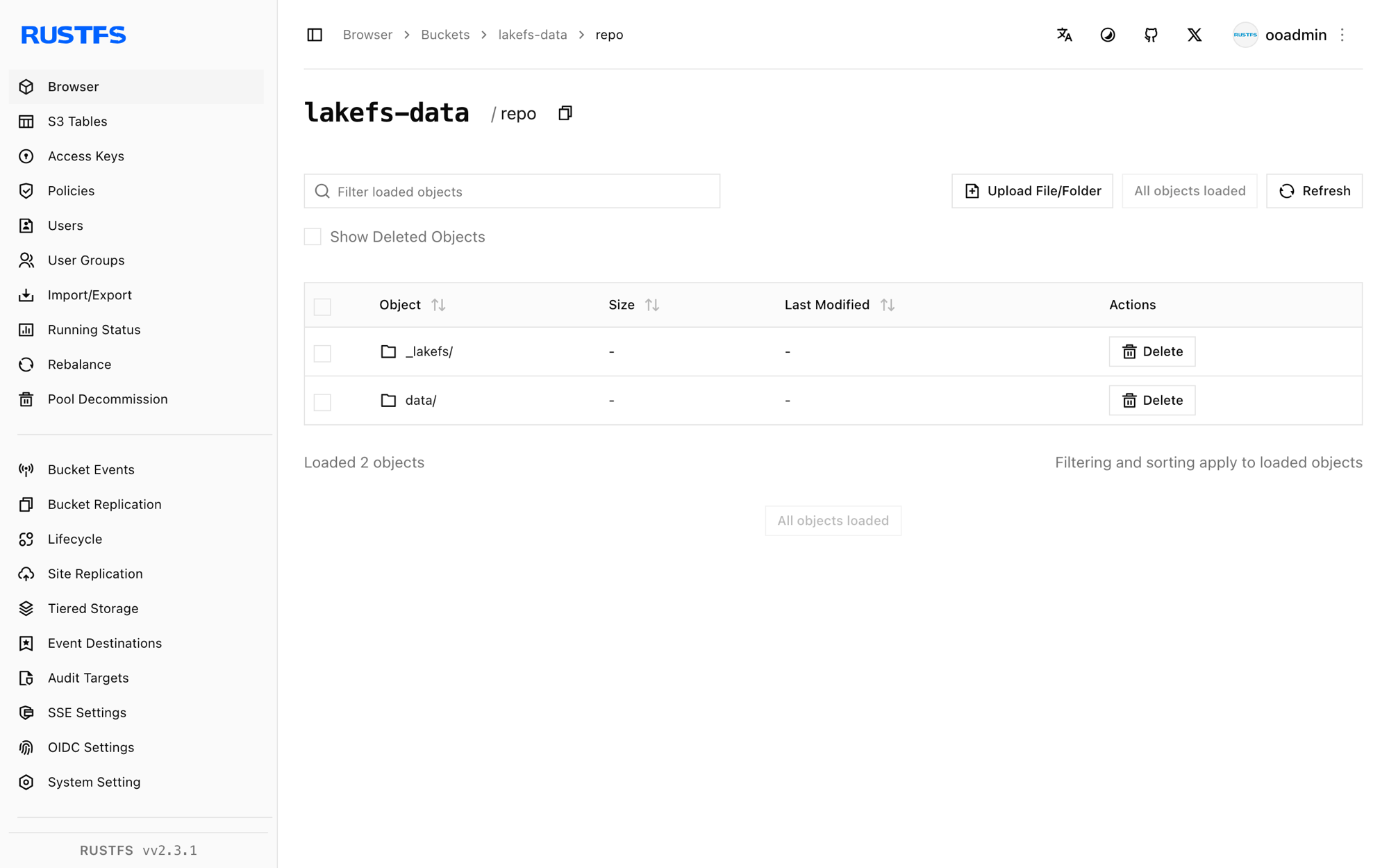 RustFS Console に保存された lakeFS のオブジェクト