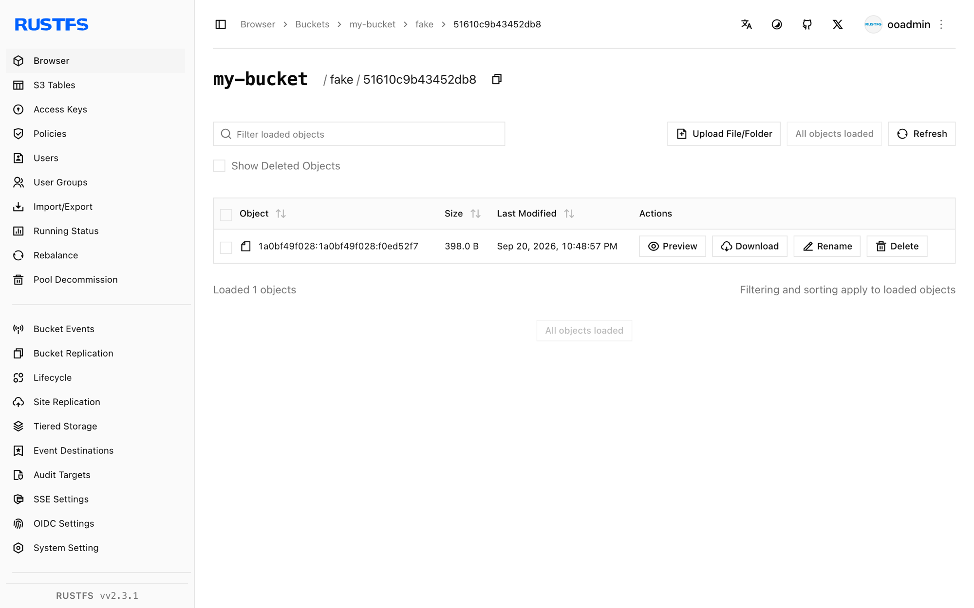 RustFS コンソールに保存された Loki のログチャンク