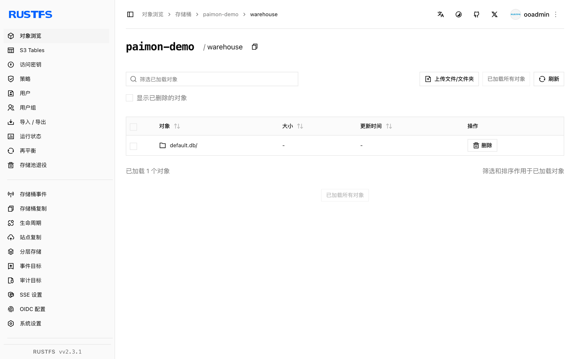 存储在 RustFS 控制台中的 Paimon 仓库