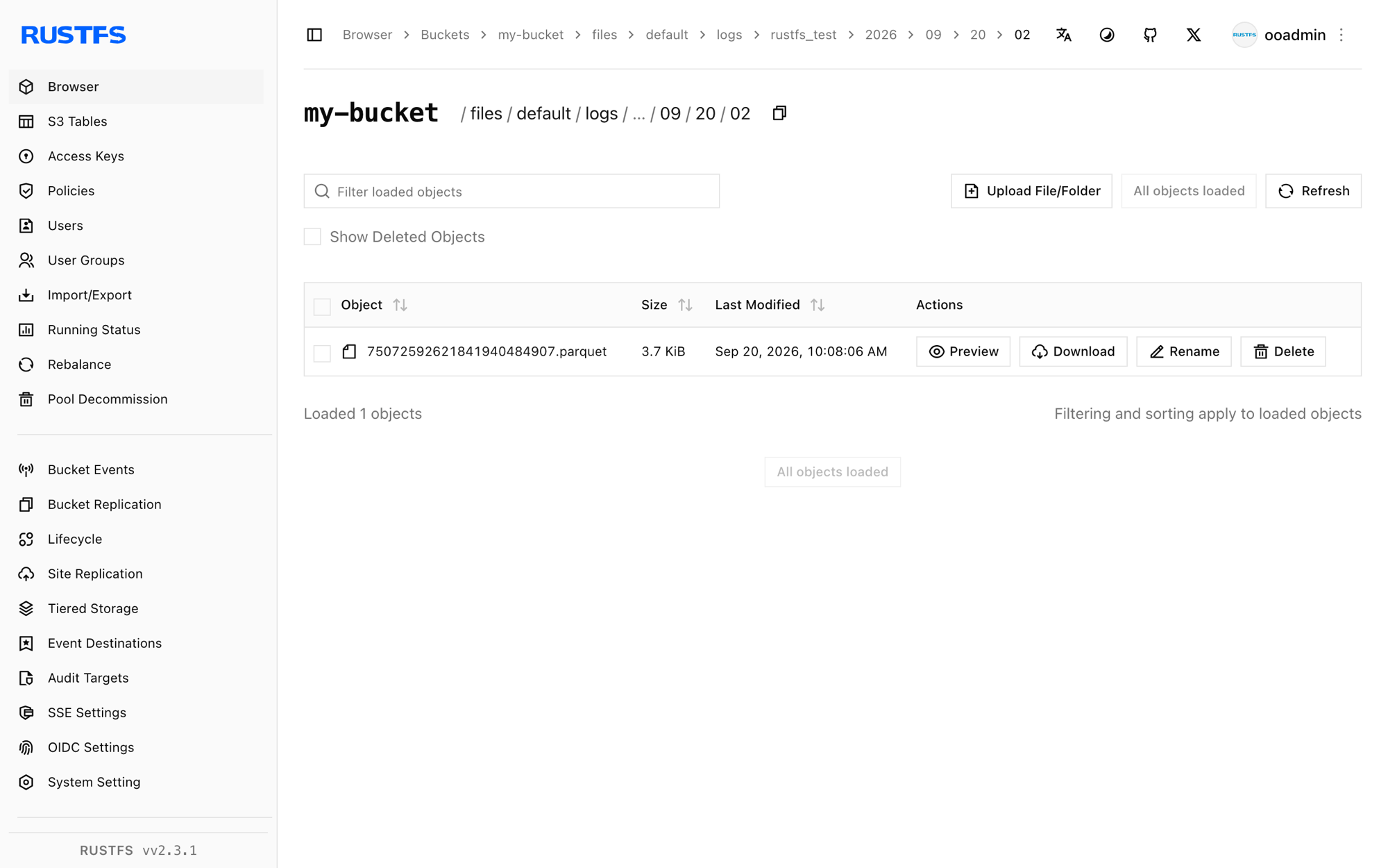 Von OpenObserve geschriebene Parquet-Datei in der RustFS Console