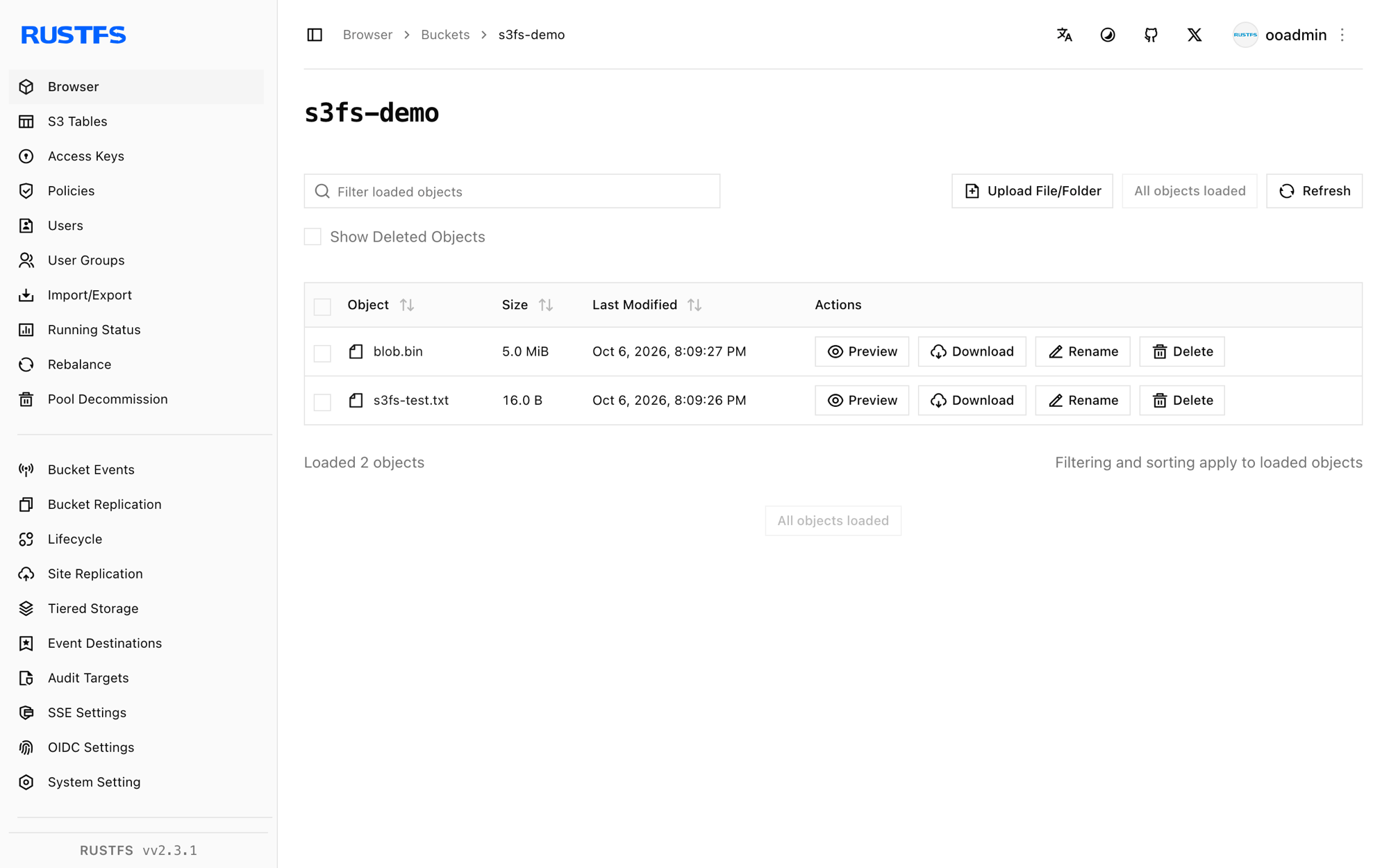 In der RustFS-Console gespeicherte s3fs-Dateien