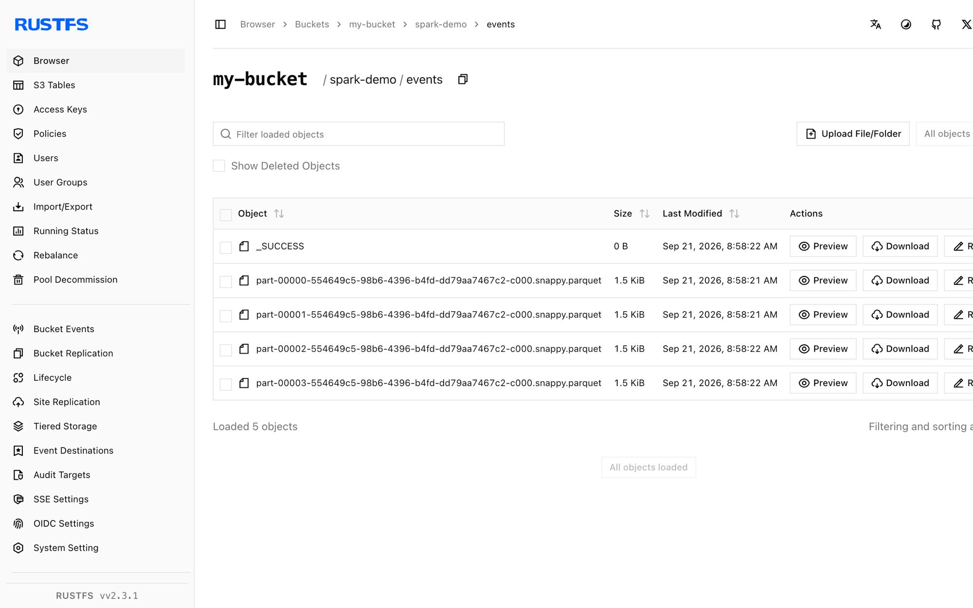 Spark-Parquet-Ausgabe in der RustFS Console