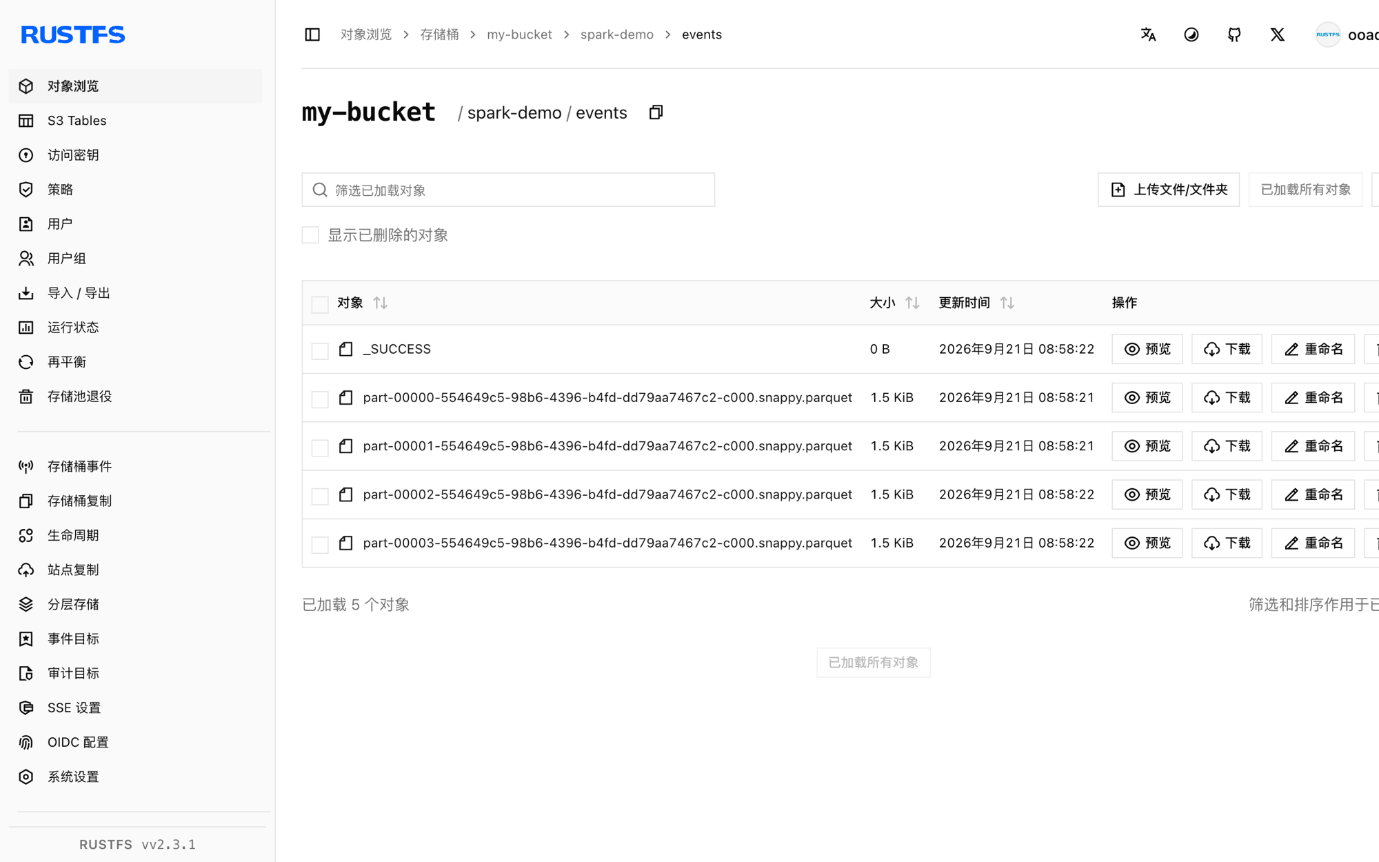 RustFS 控制台中存储的 Spark Parquet 输出