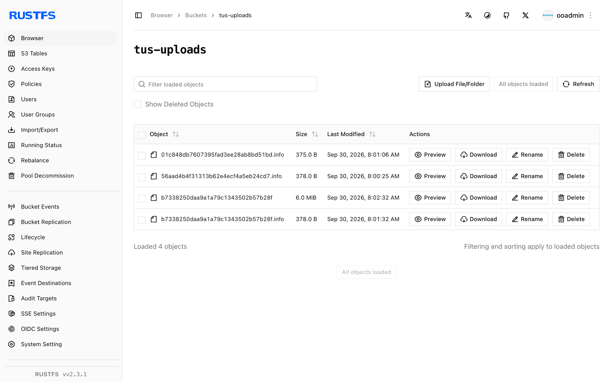 In der RustFS-Console gespeicherte tus-Uploads
