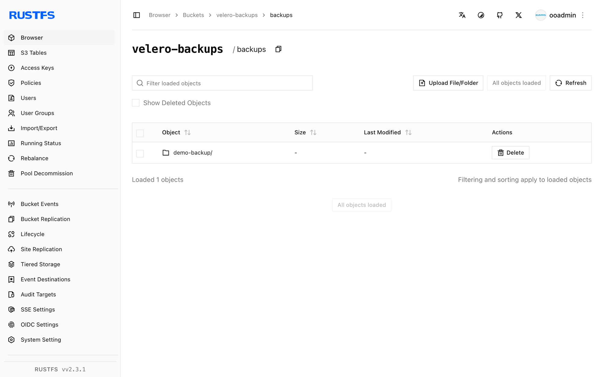 In der RustFS Console gespeicherte Velero-Backups